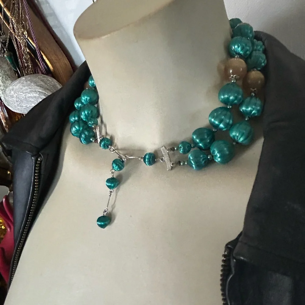 Vintage Double-Strand Green & Gold Bead Necklace